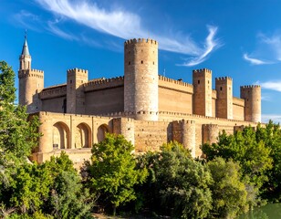 Naklejka premium Sunny view of a beige castle with towers, arches, and lush trees against a blue sky