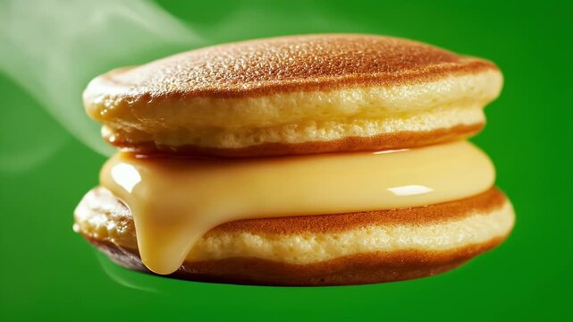Close up of a fluffy golden brown dorayaki pancake filled with rich creamy custard and wisps of steam rising isolated on a vibrant green background