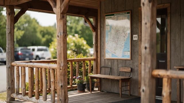 Campground office under a covered porch emphasizing the map board and rustic wooden details with the blurred parking spots and surrounding greenery in the background.