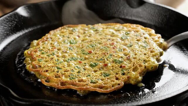 Close up of a savory moong dal cheela cooking in a cast iron skillet with steam rising golden brown and crispy edges visible detailed texture of batter herbs and spices cooked food photography