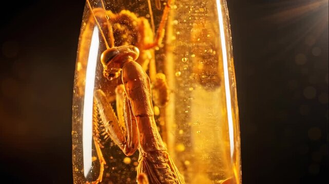 Macro close-up of a praying mantis preserved in golden amber. Rotating view of a prehistoric fossilized insect trapped in translucent resin. Natural history and entomology concept