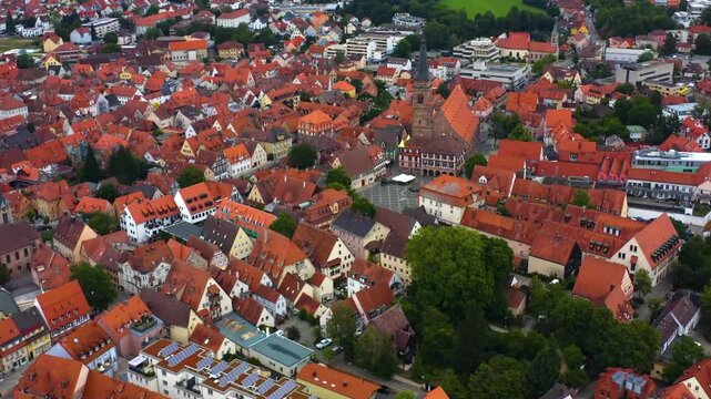 Aerial view beside the old town city Schwabach, in Germany, Bavaria  on a sunny noon in spring. 