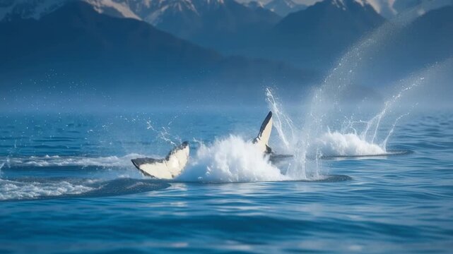 Orcas jumping out of the water with snow-capped mountains background. Killer whales breaching in the ocean. Marine wildlife nature scene