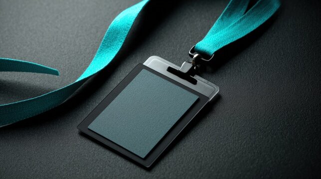 Cinematic Branding Scene with Blank Badge Centered and Large Negative Space, Teal Lanyard Leading
