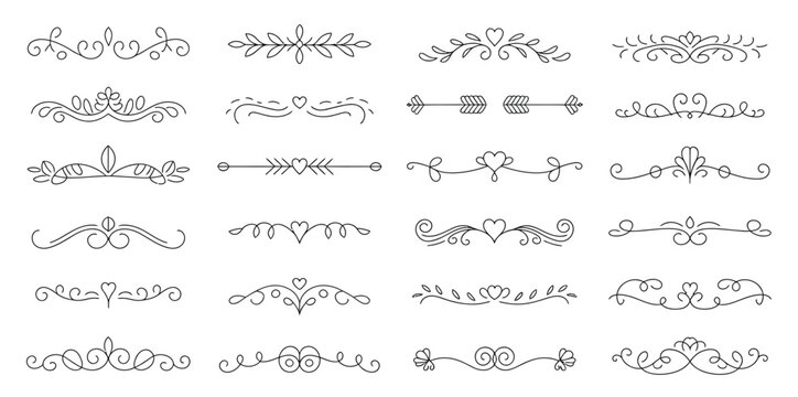 Text Divider Doodle Set Featuring Wedding Decorative Elements, Vintage Line Separators, Ornamental Borders and Hand Drawn Vector Illustration Isolated on White Background for Elegant Design