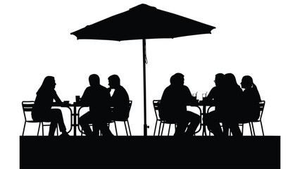 Silhouetted figures seated at a table under a parasol enjoying an outdoor meal © MDRABBI