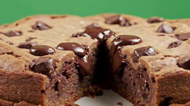 Close Up of Decadent Chocolate Chip Cookie Cake with Molten Chocolate Chunks on Green Screen Background Studio Lighting