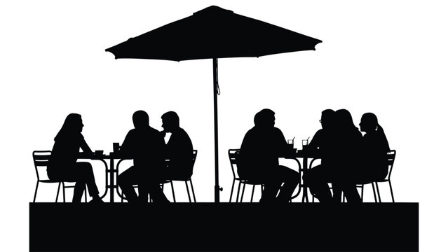 Silhouetted figures seated at a table under a parasol enjoying an outdoor meal
