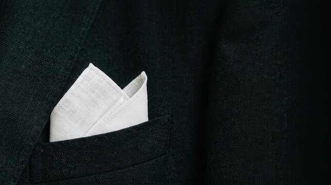 Crisp white pocket square neatly folded and tucked into a dark suit jacket pocket. Feeling of elegance, sophistication, and formal fashion.
