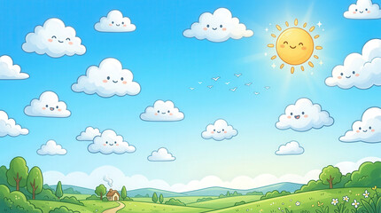 Naklejka premium Vibrant Cartoon Landscape Scene with Bright Sun and Fluffy Clouds