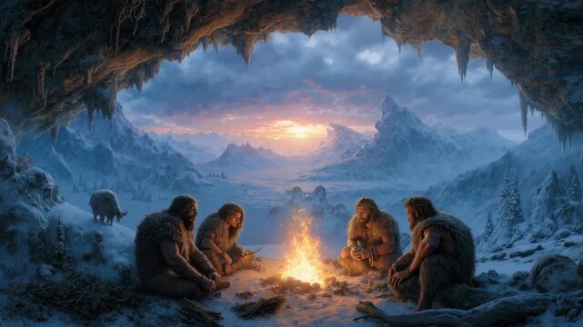 Prehistoric cavemen sitting around a campfire inside an ice cave. Ancient Neanderthal tribe gathering for warmth during the Ice Age. Snowy mountain landscape at sunset with fire