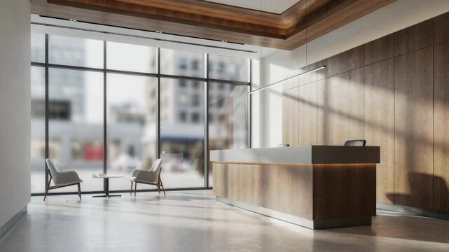 Medium shot of an urban flagship branch interior highlighting daylight flooding through energyefficient windows and sleek recycled wood finishes with blurred customer seating in