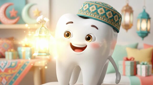 Cute cartoon tooth character in Eid cap holding lantern. Smiling white tooth in festive Muslim holiday room with moons gifts and cushions. Fun dental health concept for celebrations
