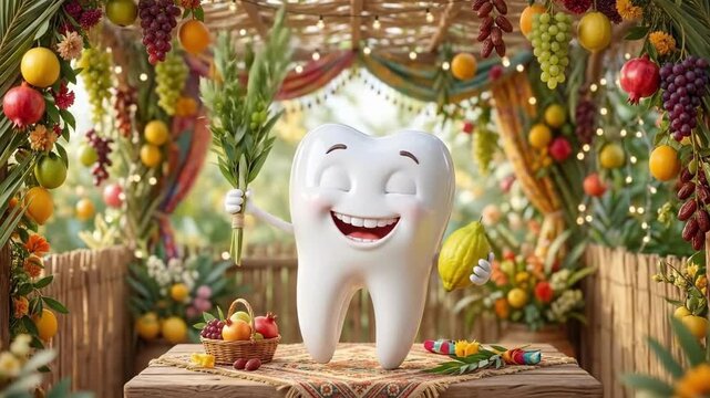 Happy tooth character celebrating Sukkot holiday. Anthropomorphic smiling tooth holding lulav and etrog in festive sukkah with fruits. Jewish festival fun and dental health concept