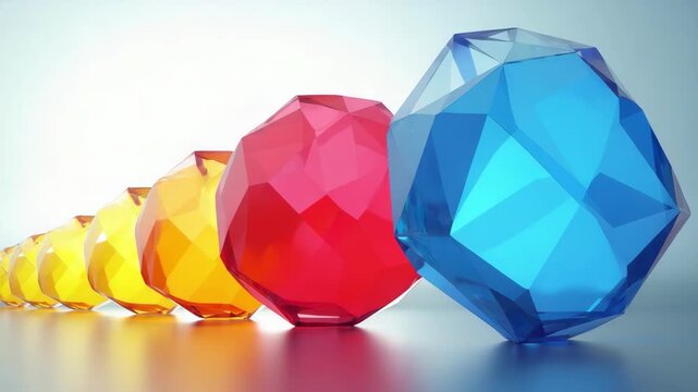 Abstract geometric animation, rotating colorful glass shapes, organic structure.