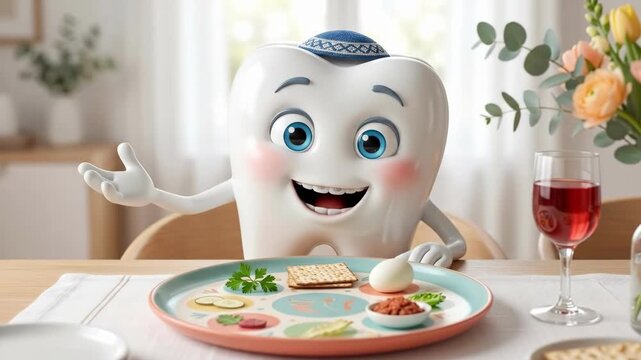 Smiling cartoon tooth character wearing kippah at Passover Seder table. Anthropomorphic dental mascot enjoying traditional Jewish holiday meal with matzah and wine. Oral health concept for family