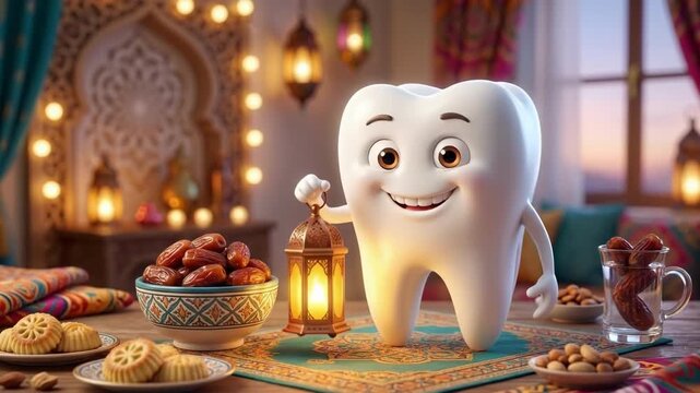 Cartoon smiling tooth mascot holding lantern at Ramadan Iftar table. White tooth character celebrating Muslim holiday with dates nuts and sweets. Dental health concept during festive evening meal