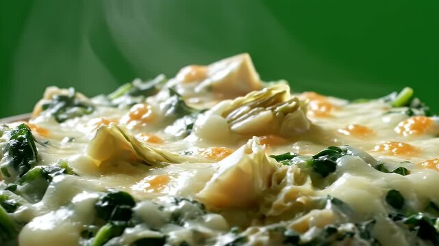 Close up of Hot Steaming Spinach Artichoke Dip with Melted Cheese and Chopped Greens on a Vibrant Green Background