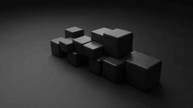 Minimalistic 3D render of black cubes arranged in a staggered formation on a dark background. Modern, abstract design ideal for technology, business, and creative projects.