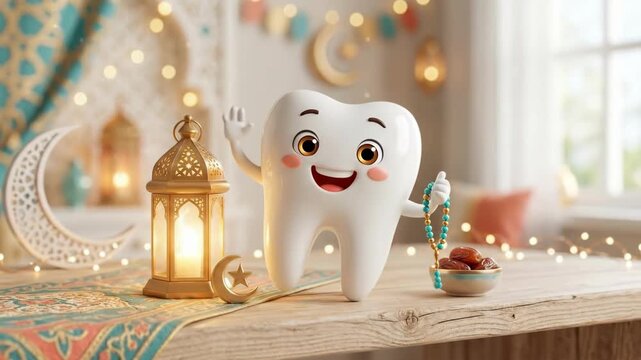Smiling cartoon tooth character waving hand in Ramadan festival setup with lantern crescent moon and dates. Happy dental mascot celebrating Islamic holiday. Oral hygiene concept for eidl fitr