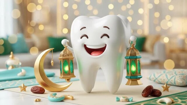 Happy smiling tooth character holding glowing Ramadan lanterns and crescent moon amid dates and ornaments. Festive dental hygiene concept during Eid al-Fitr. Oral health celebration in luxurious