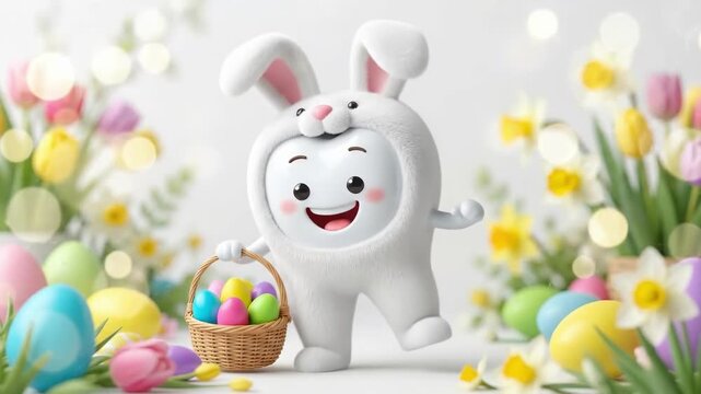 Cute bunny character holding easter basket with colorful eggs. Surrounded by tulips and spring flowers. Joyful easter celebration and seasonal decoration concept