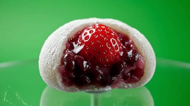 Close up of Ichigo Daifuku Mochi dessert featuring a whole red strawberry and sweet red bean paste filling dusted with white powder isolated on a vibrant green background in cinematic lighting