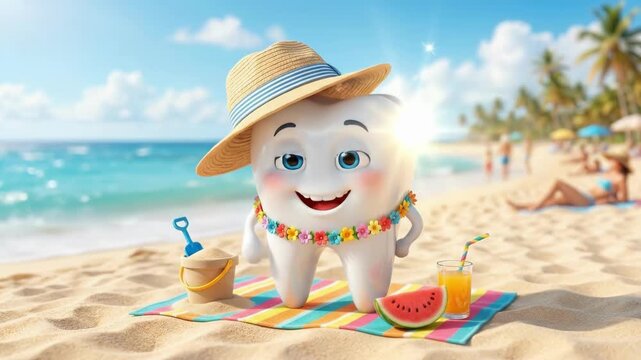 Cartoon tooth character relaxing on sunny beach vacation. Smiling dental figure in straw hat and flower lei with beach toys and juice. Fun oral health concept in tropical summer setting for kids