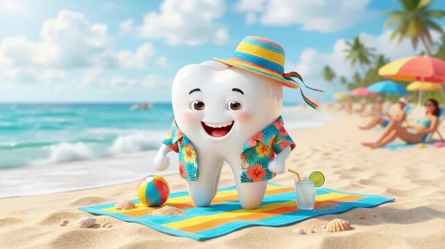 Happy cartoon tooth character relaxing on sunny beach. Smiling dental mascot in striped hat and floral shirt holding cocktail drink with lime. Fun summer vacation illustration for dental health