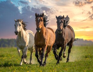 Fototapeta premium Three horses gallop across a meadow under a vibrant sunset sky