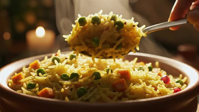 Close up of steaming hot vegetable pulao with carrots and peas being scooped up with a spoon in slow motion