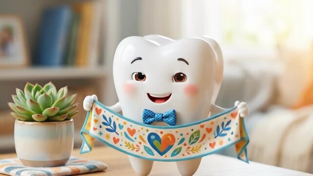 Smiling cartoon tooth mascot holding colorful banner with hearts and leaves in cozy living room. Fun dental character celebrating oral health for kids. Illustrated concept for hygiene education and
