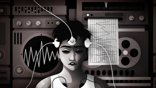man with electrodes undergoing brainwashing experiment in vintage 1950 laboratory