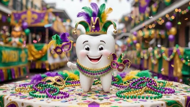 Smiling cartoon tooth in Mardi Gras jester costume with purple green and gold beads. Fun dental mascot celebrating carnival festival. New Orleans parade theme for oral health promotion
