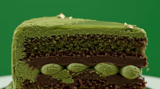 Close up slice of decadent matcha chocolate layer cake with golden leaf garnish and glossy green topping on white plate against vibrant green background