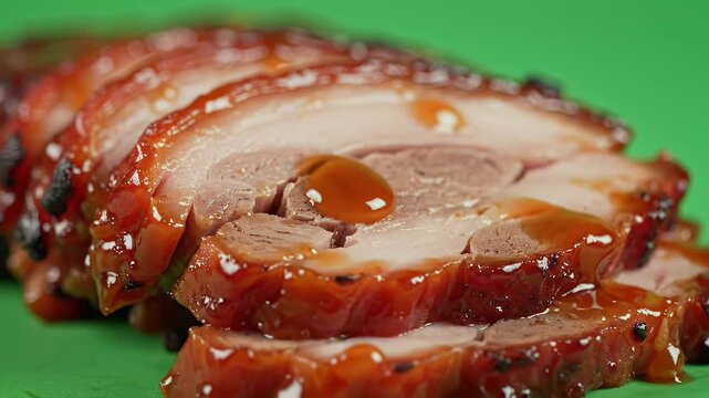Close up slow motion of sliced savory char siu bbq pork being drizzled with sweet glistening glaze on a vibrant green background food commercial shot