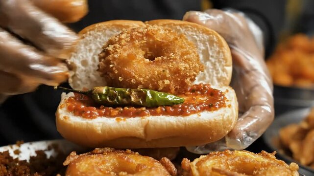 Close Up Slow Motion Cinematic Video Of A Chef Assembling A Vada Pav Sandwich With Golden Brown Fried Vada And Spicy Chutney On A Soft Bun