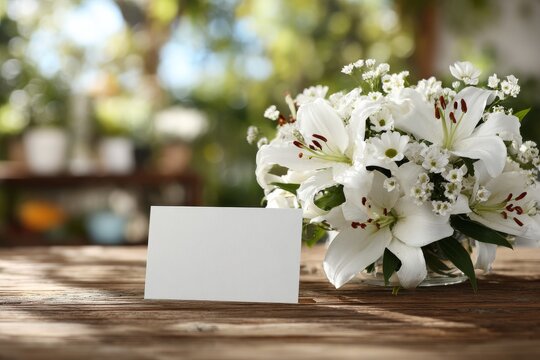 A delicate still life with a condolence card and white lilies expressing grief and solace