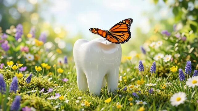 White tooth with monarch butterfly perched on top in blooming flower meadow. Dental health and nature beauty concept. Symbol of fresh smile and oral wellness in springtime