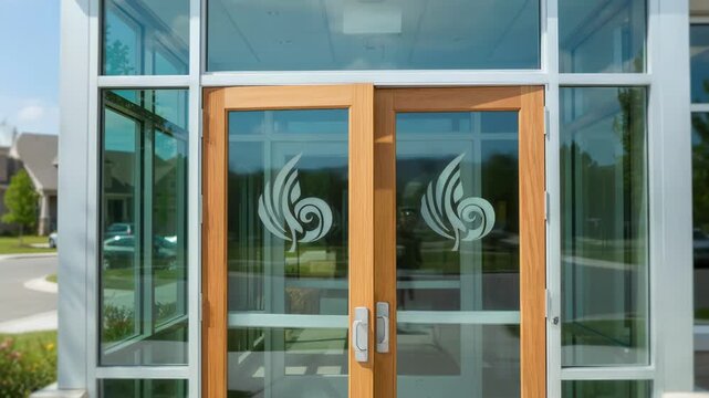 Suburban credit union branch exterior with clear focus on the welcoming glass doors and logo soft residential homes and parked cars slightly out of focus.