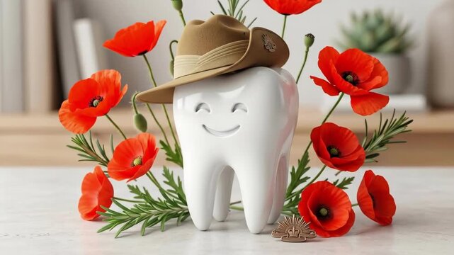 Smiling white tooth character wearing australian slouch hat with bronze badge surrounded by red poppies and green leaves on wooden table. Remembrance day dental health symbol honoring military