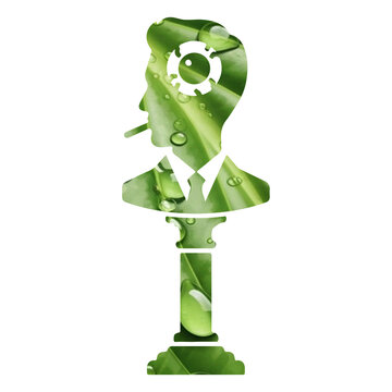 Symbolic bust of a man with green leaves and water droplets, representing nature and business