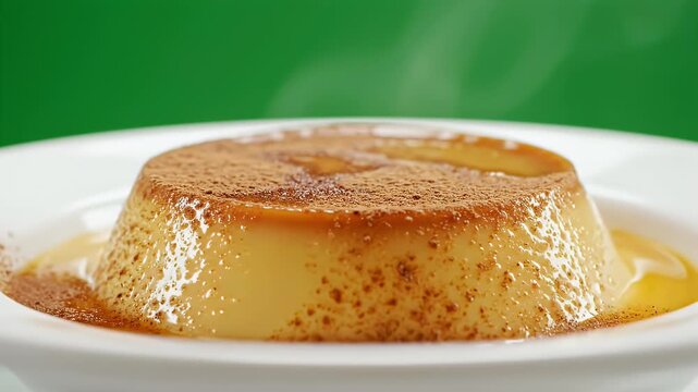 Colombian Natilla Dessert with Caramel Sauce and Cinnamon Dust Served in a White Bowl with Green Background Cinematic Food Commercial Studio Lighting
