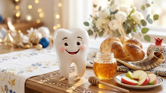 Smiling tooth character on Rosh Hashanah table with honey jar, challah bread, shofar and pomegranate. Jewish New Year symbols for sweet new beginnings and dental health awareness