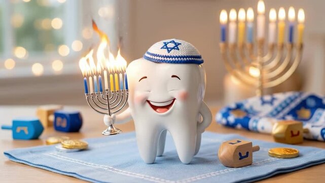 Happy cartoon tooth character in kippah holding menorah for Hanukkah. Jewish holiday celebration with dreidel and coins on table. Fun dental health promotion during festival of lights for children