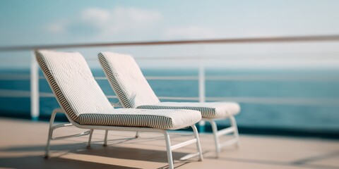 Fototapeta premium Sunlit deck chairs rest beside calm ocean waters