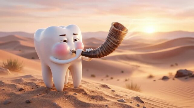 Animated tooth character blowing shofar in vast desert at sunset. Cute dental mascot for rosh hashanah holiday. Fun hygiene awareness with jewish tradition and adventure concept