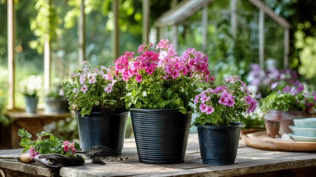 sunlit pink potted blooms on rustic table, weathered wood, black planters, terracotta pots, gardening tools, scattered soil, glass greenhouse backdrop, dappled