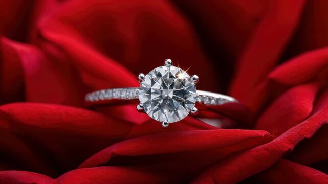 sparkling diamond ring on red rose petals, closeup of solitaire nestled in velvety bloom, brilliant facets catch light with starburst gleam, elegant jewelry