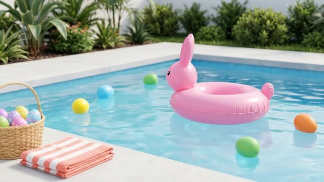 Inflatable pink bunny float in swimming pool with colorful easter eggs. Outdoor spring holiday scene. Fun water toy for easter celebration and seasonal pool party